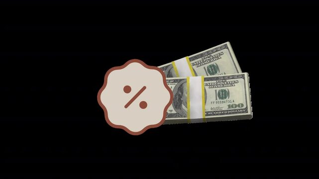Discount Offer Icon &ndash; 100 Dollar Bundle with Percentage Badge Motion. A clean 5-second animated finance icon ideal for discount, offer, and pricing visuals with transparent background.