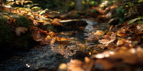 Fototapeta premium Tranquil Stream Flowing Through Autumn Leaves in a Lush Forest Setting