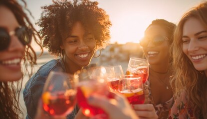 Women toasting drinks outdoors during sunset