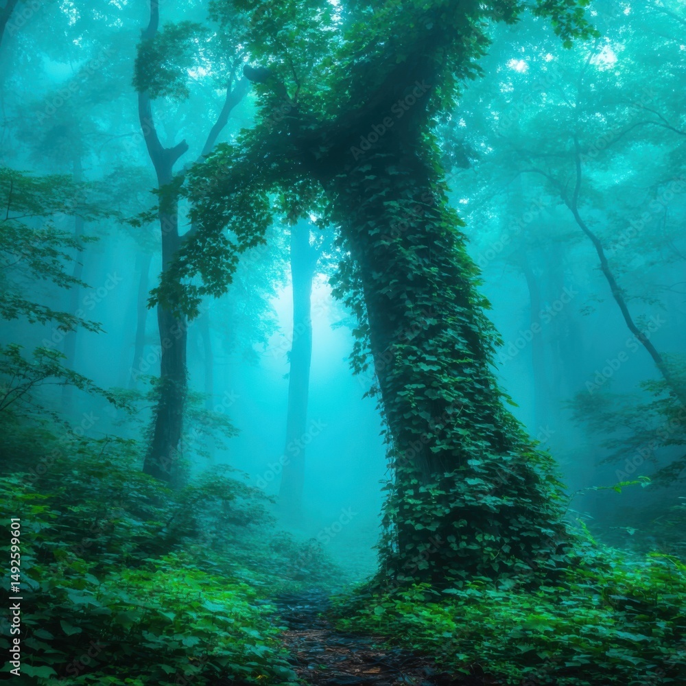 Poster foggy forest path with ivy-covered tree trunk in ethereal light, vertical composition, atmospheric w