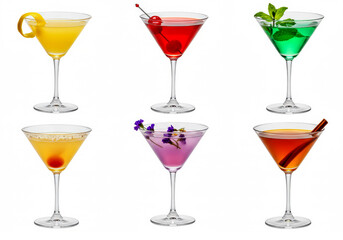 Many different cocktails in martini glasses isolated on white