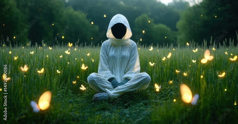 Poster person meditating within lush green field. fireflies illuminate scene, creating ethereal atmosphere.