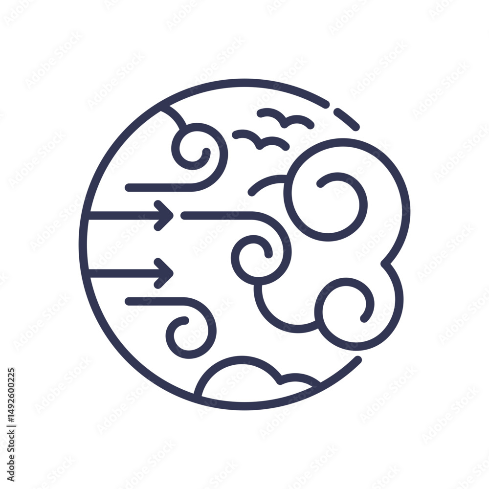 Poster circular design with arrows and swirls symbolizing airflow and dynamics.