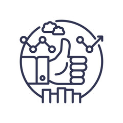 Thumbs up with data charts symbolizes approval and data-driven success.