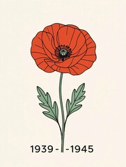 Commemorating World War II with a minimalist red poppy and historical dates in simple design