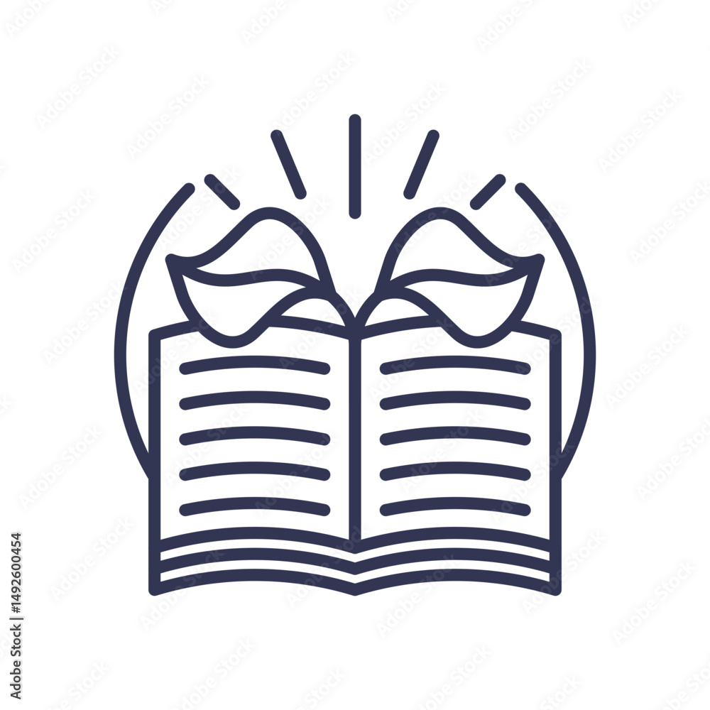 Aufkleber an open book with sprouting leaves symbolizes knowledge and continuous growth.