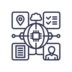 Central chip connects data, cloud, location, tasks, and user, symbolizing a connected intelligence network.