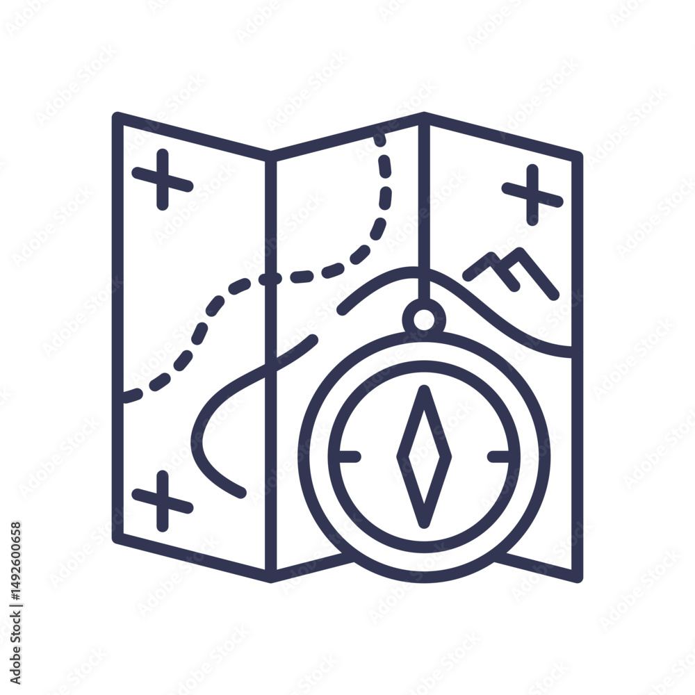 Poster map and compass icon symbolizing navigation and exploration in geological surveys.