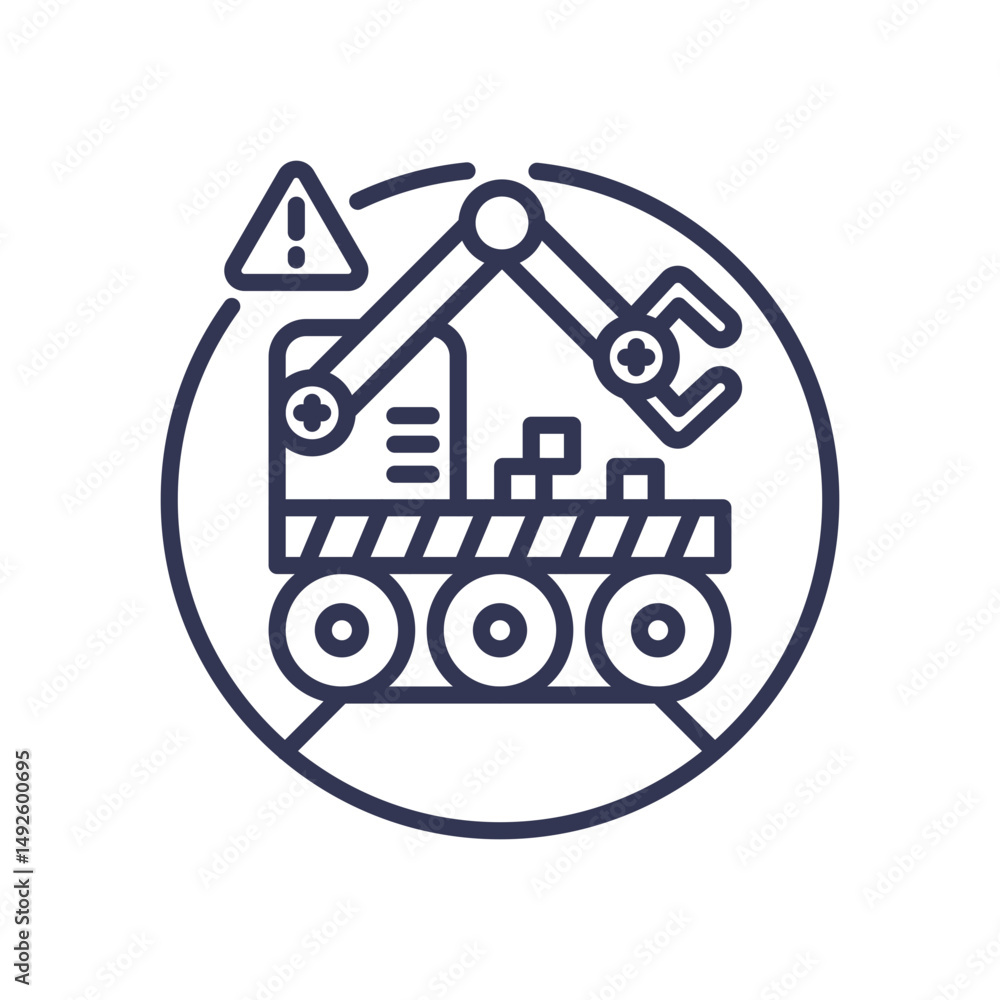 Poster robot with claw arm in hazard zone, symbolizing remote operations and safety.