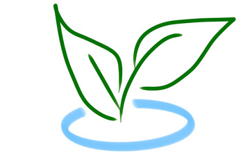 Minimalist simple green leaf and blue cycle symbol representing eco growth, sustainability and nature. Perfect for Earth Day, business and eco-friendly branding