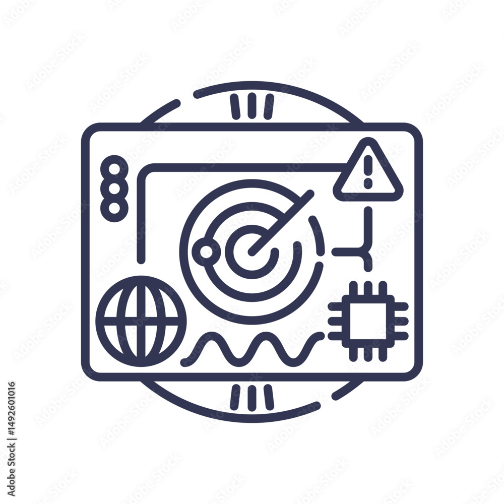Poster tech interface with radar, globe, and microchip symbolizes proactive intelligence.