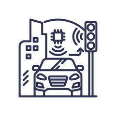 Illustration of smart city with car, traffic light, and wireless signals, symbolizing urban monitoring and public safety.