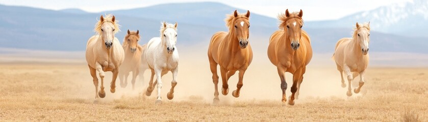 Fototapeta premium Galloping horses race through open plains nature scene dynamic action outdoor setting wide angle view
