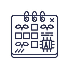 Calendar with AI chip and plant icons symbolizes predictive planting and harvest timing.