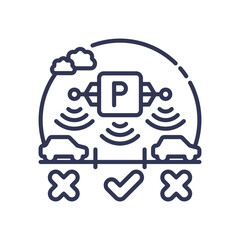 Illustration of smart parking detection with cars, sensors, and parking sign.