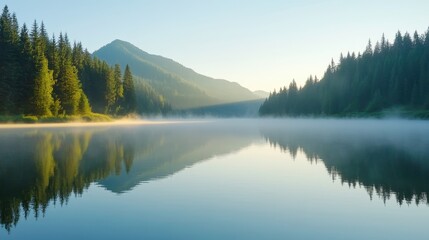 Fototapeta premium Tranquil morning reflections on a serene lake mountain landscape nature photography peaceful environment scenic viewpoint