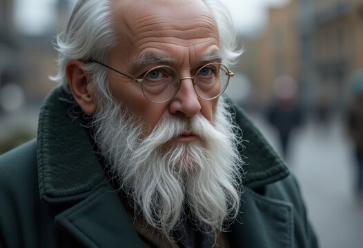 Anciano contemplativo con una larga barba blanca, gafas redondas y un abrigo verde oscuro al aire libre