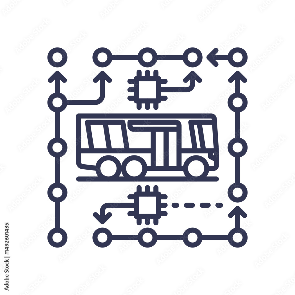 Poster bus with ai chips and route symbols, symbolizing ai-enhanced public transport routing.