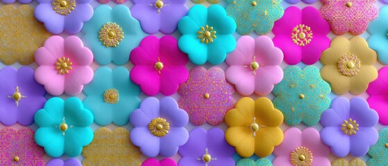 Colorful, decorative flowers arranged in a vibrant, repeating pattern with various textures and pastel shades.