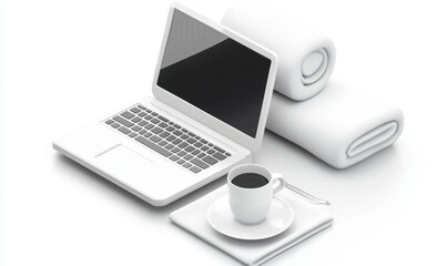 White laptop, coffee, towels, work from home