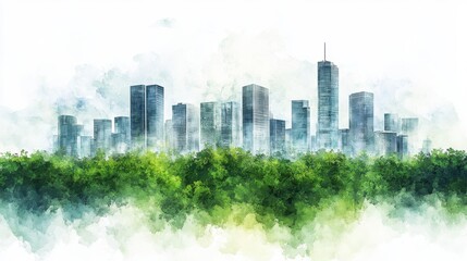 Obraz premium Watercolor Cityscape Emerging from Lush Green Foliage