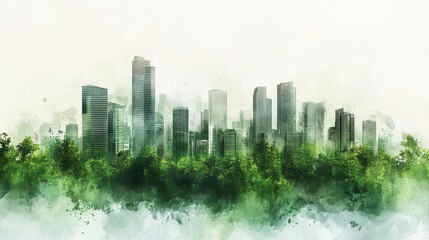 Fototapeta premium Watercolor Cityscape Emerging from Lush Green Foliage