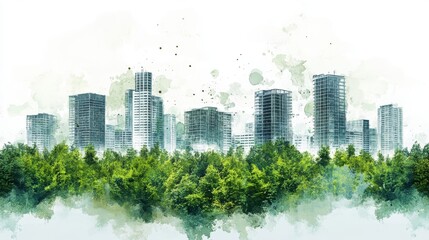 Obraz premium Watercolor Cityscape Emerging from Lush Green Forest