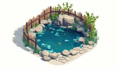 Zen garden pond, fish, rocks, bamboo fence, isometric view, peaceful scene, website design