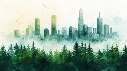 Obraz premium Watercolor Cityscape Emerging from Lush Green Forest