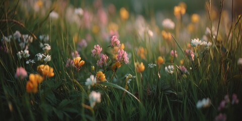 Vibrant Wildflower Meadow with Colorful Blooms in Soft Natural Light During a Warm Sunny Day in Springtime