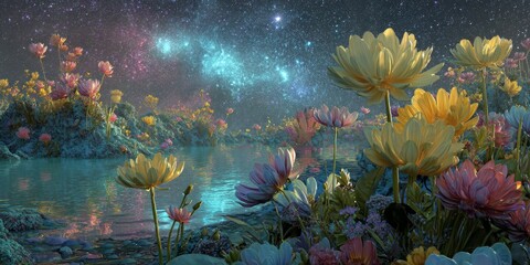 Dreamy Landscape with Colorful Flowers Under Starry Sky and Glowing Waters in a Mystical Setting