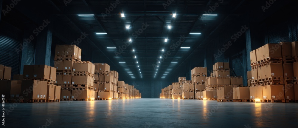 Poster interior view of large warehouse with rows of palletized boxes in perspective view logistics and dis