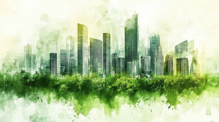 Obraz premium Watercolor Cityscape Emerging from Lush Greenery