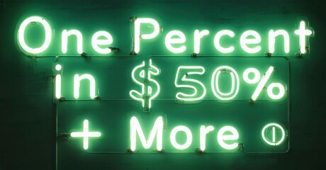 Bright green neon sign displays text One Percent in 50 More. Dark background emphasizes glowing letters, simple design.