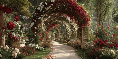 Fototapeta premium Enchanting Rose Garden Pathway Surrounded by Lush Greenery and Vibrant Blooms in Idyllic Natural Setting