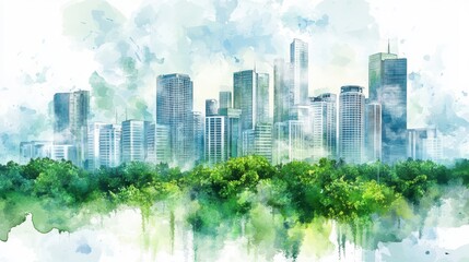 Obraz premium Watercolor Cityscape Green Trees and Modern Buildings