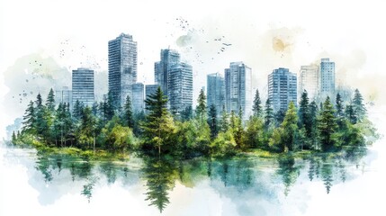 Obraz premium Watercolor Cityscape Green Trees Reflecting in Calm Water