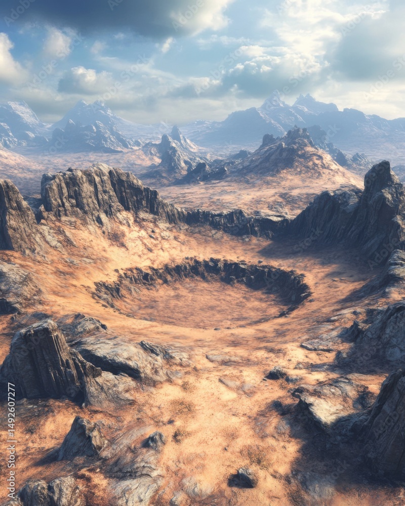 Poster aerial view of a large crater on a desolate planet with mountains in the background under a cloudy s