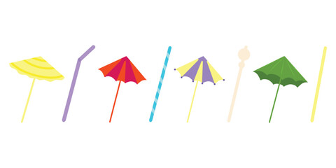 Paper cocktail umbrellas and drinking straws set. Small colorful umbrella on toothpick for sweet drinks and summer beverages, decoration parasol. Reusable straws set.  © VasilisaStArt