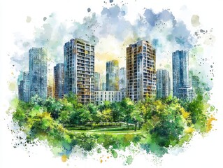 Obraz premium Watercolor Cityscape Lush Green Park and Modern Highrises