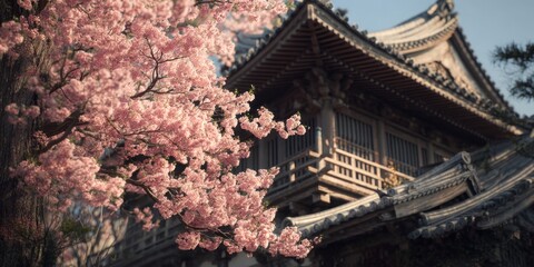 Fototapeta premium Cherry Blossom Tree in Bloom Next to Traditional Japanese Architecture Under Clear Blue Sky