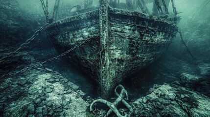Submerged decaying vessel, rusted and entangled.
