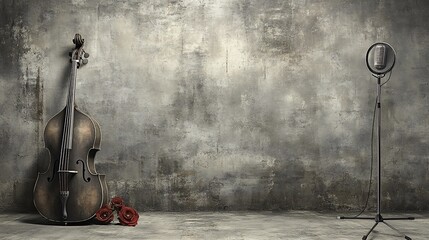 Vintage Double Bass and Microphone Against Grungy Wall: A Musical Still Life