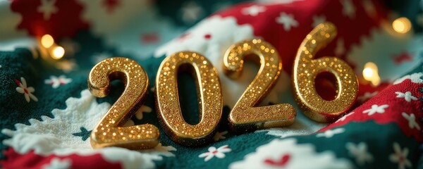 Golden glitter 2026 on festive blanket with christmas lights. new year 2026 horse