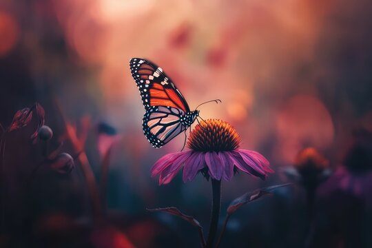 A monarch butterfly delicately rests on a vibrant purple coneflower in a soft, sunset-lit garden.