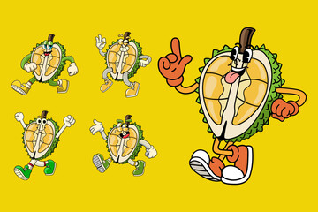 Set of funny durian fruit 70s retro comic cartoon characters