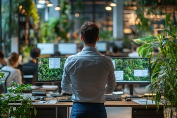 Man standing at a modern office desk, looking at computers displaying environmental data