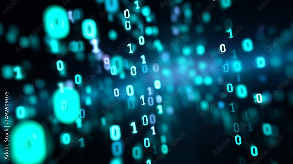 Poster digital rain of binary code creates a futuristic atmosphere in a high-tech environment