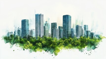 Obraz premium Watercolor Cityscape Modern Buildings and Lush Green Landscape