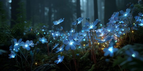 Fototapeta premium Enchanted Forest with Glowing Blue Flowers Illuminating a Misty Woodland Landscape at Night
